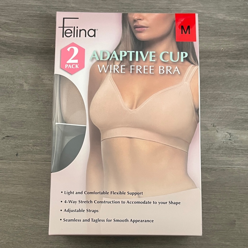 Felina TWO Adaptive Cup Wire Free Bras in Soft Beige and Black.